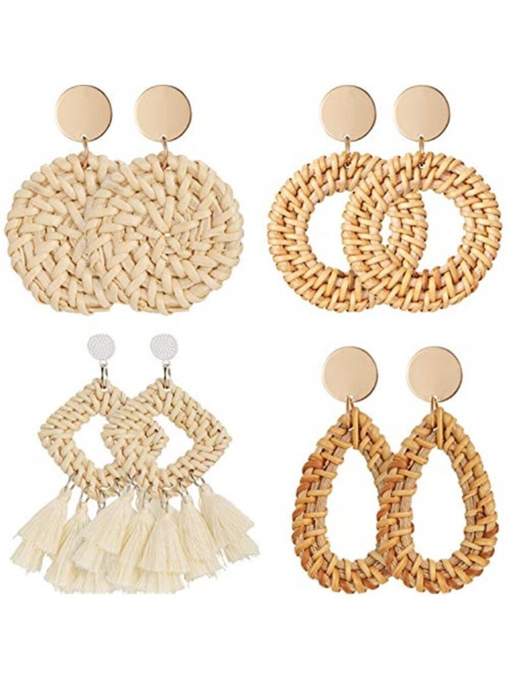 4 Pairs Rattan Earrings for Women Beach Essentials Tassel Dangle Boho